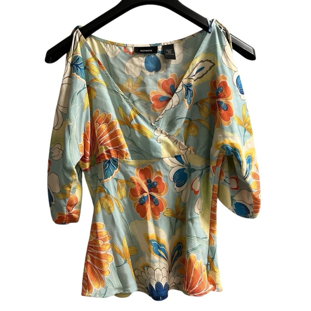 Vintage Y2K Express Top Womens 5/6 Floral Silk Babydoll Split Sleeve Blouse 90s